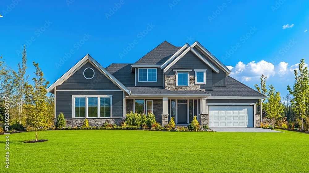 Residential house with a green lawn and blue sky, leaving room for text in the background. Residential house with a green lawn and blue sky, leaving room for text in the background.