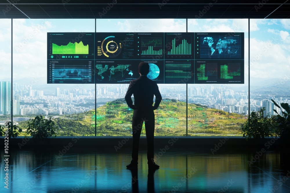 Climate change analyst monitors real-time data in a futuristic control room overlooking eco-friendly cities and landscapes. Generative AI Climate change analyst monitors real-time data in a futuristic control room overlooking eco-friendly cities and landscapes. Generative AI