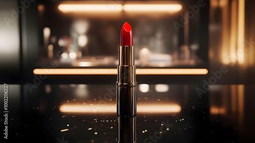 A vibrant red lipstick stands elegantly against a blurred background, perfect for beauty and cosmetic themes. photo