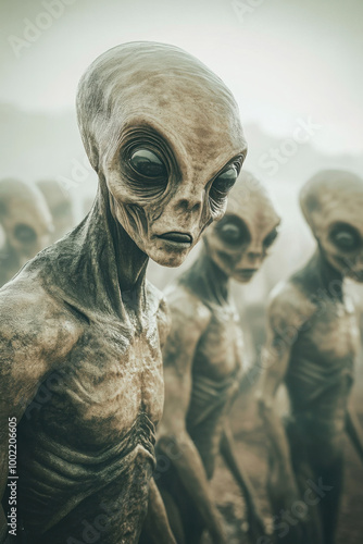 A group of extraterrestrial beings with large, dark eyes and a realistic, eerie appearance, standing closely together in a foggy, mysterious environment.