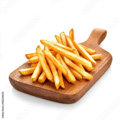 French fries on a wooden tray, isolated on a white background, offering a rustic and cozy look.