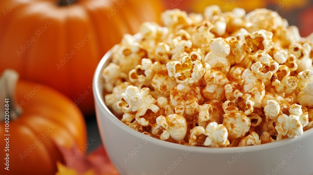 Delicious caramel popcorn served in a white bowl accompanied by decorative orange pumpkins and autumn leaves on a cozy fall day Delicious caramel popcorn served in a white bowl accompanied by decorative orange pumpkins and autumn leaves on a cozy fall day