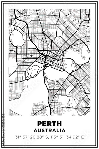 Black and white printable Street map art Perth city, Australia. Travel poster with coordinates, poster design, Modern Poster Wall Art Home Decor Ready to Printable