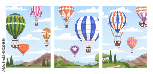 Hot air balloon flying in sky, vertical card designs set. Aerial adventure, airballoons flight travel, festival, show event, landscape postcard, poster backgrounds. Flat vector illustrations photo