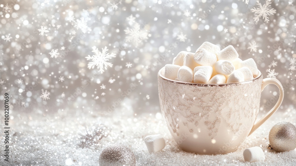 Fototapeta premium White Hot Chocolate Marketing Banner Featuring Marshmallows and Room for Text