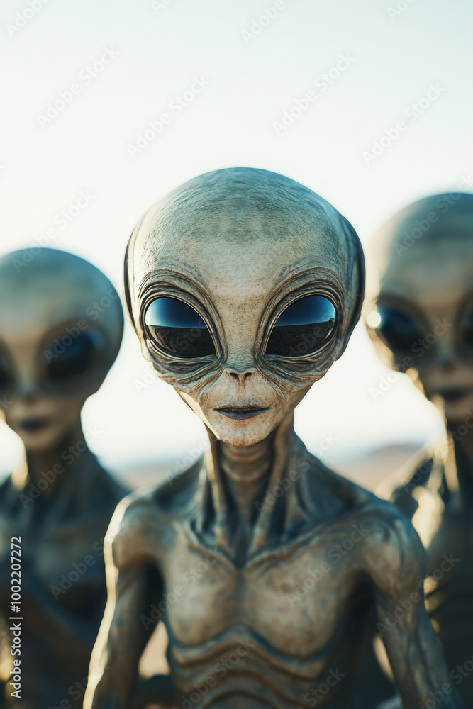 Three extraterrestrial beings with large heads and black eyes standing together in a barren, otherworldly landscape. Three extraterrestrial beings with large heads and black eyes standing together in a barren, otherworldly landscape.