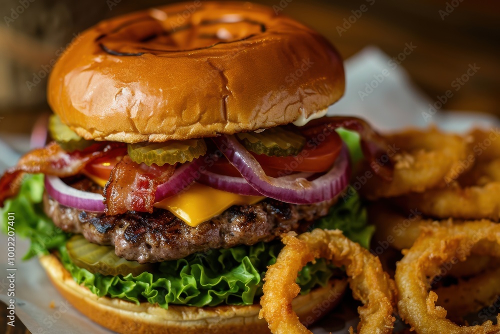 A juicy bacon cheeseburger with lettuce, tomato, and pickles, served with a side of crispy onion rings. Copy space A juicy bacon cheeseburger with lettuce, tomato, and pickles, served with a side of crispy onion rings. Copy space