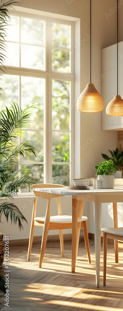 Obraz premium Bright and cozy dining area with natural light, featuring a wooden table, chairs, and lush indoor plants.