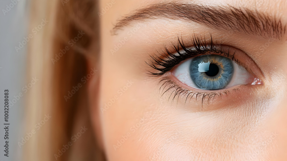 Fototapeta premium Close-up of a beautiful blue eye with long eyelashes and perfectly shaped eyebrow, showcasing detail and elegance.