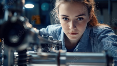 Close-up of a Young Woman's Face Looking at a Machine