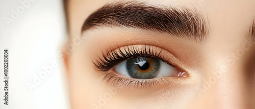 Close-up of a beautiful eye showcasing stunning eyelashes and natural brow. Perfect for beauty and cosmetic themes. photo