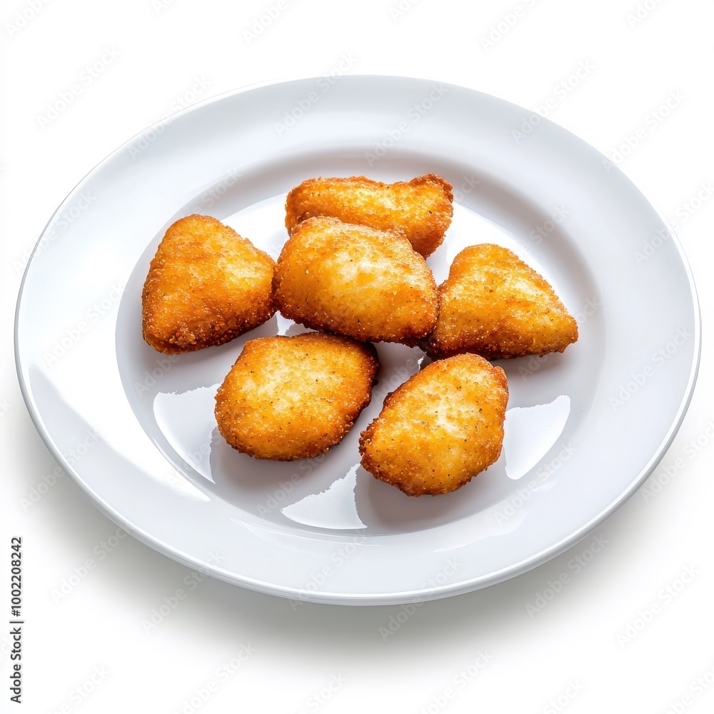 Chicken nuggets on a plate, isolated on a white background, offering a simple and classic presentation. Chicken nuggets on a plate, isolated on a white background, offering a simple and classic presentation.