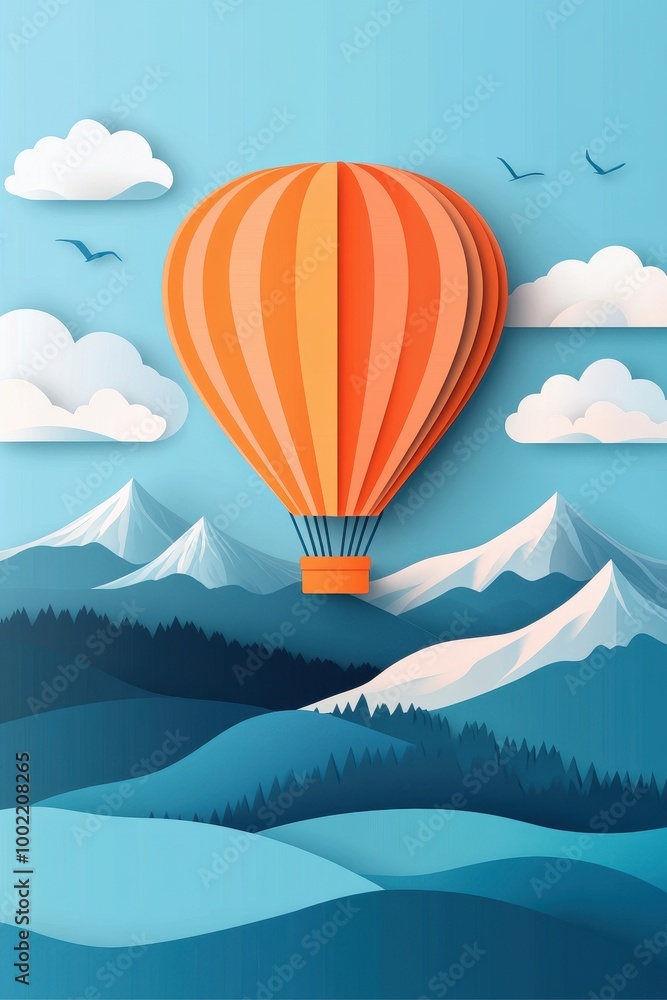 Vibrant Hot Air Balloon Over Scenic Mountain Landscape with Blue Sky and Clouds Vibrant Hot Air Balloon Over Scenic Mountain Landscape with Blue Sky and Clouds