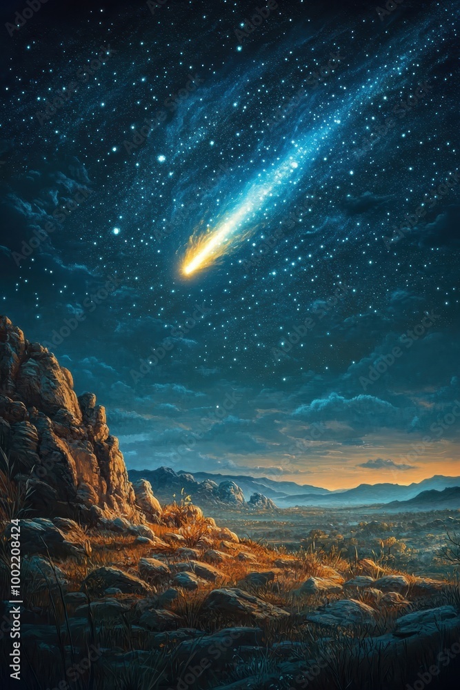 Stunning Night Sky with Shooting Star Over Rocky Landscape and Mountains in the Distance Stunning Night Sky with Shooting Star Over Rocky Landscape and Mountains in the Distance