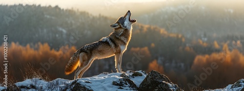 A howling wolf standing on top of a mountain, with a winter background and golden hour lighting photo