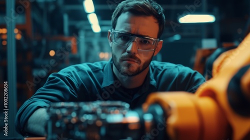 A man wearing safety glasses and blue shirt working near an industrial robot