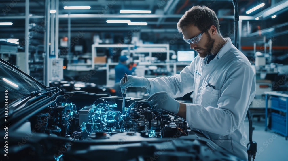 Technician Examining a Car Engine with a Holographic Display Technician Examining a Car Engine with a Holographic Display