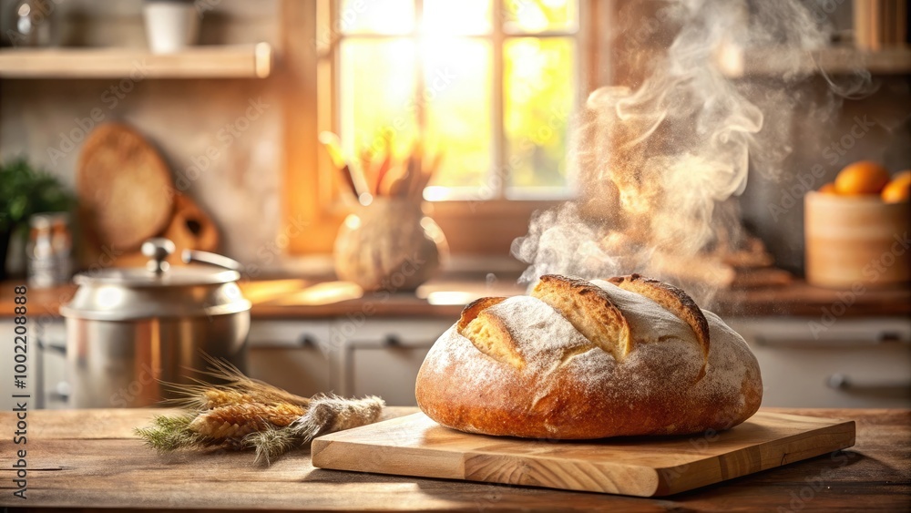 Freshly baked rustic bread loaf with steam rising, set in a cozy kitchen. Freshly baked rustic bread loaf with steam rising, set in a cozy kitchen.