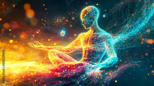 Human figure meditating with quantum particles and energy waves representing quantum consciousness