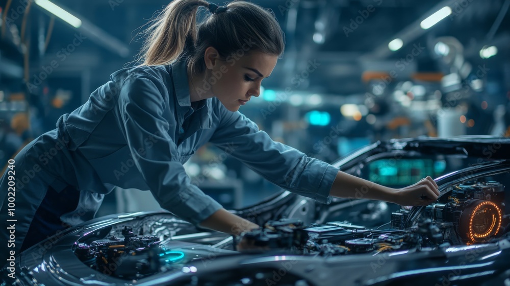 Female Mechanic Inspecting Futuristic Car Engine Female Mechanic Inspecting Futuristic Car Engine