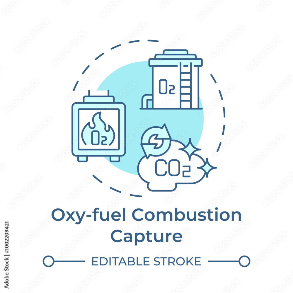 Oxy-fuel combustion capture soft blue concept icon. Carbon storage, fuel emission. Round shape line illustration. Abstract idea. Graphic design. Easy to use infographic, presentation Oxy-fuel combustion capture soft blue concept icon. Carbon storage, fuel emission. Round shape line illustration. Abstract idea. Graphic design. Easy to use infographic, presentation