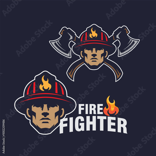 firefighters head with axe  vector badge logo template illustration