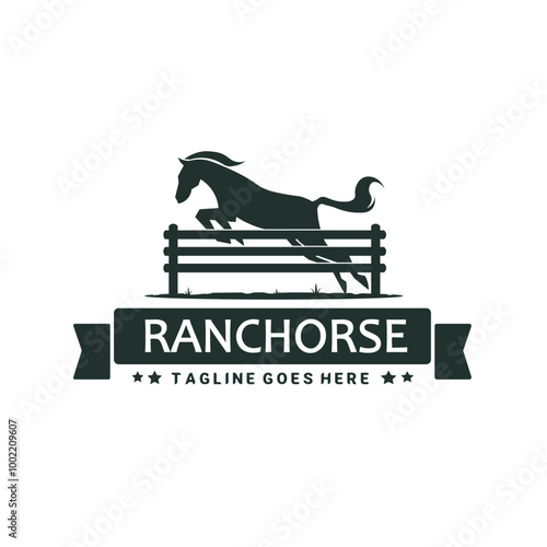 Horse jump silhouette behind wooden fence, ranch horse vintage logo vector illustration