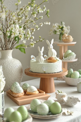 Spring celebration brunch with cake, flowers, and decorative eggs on a beauti...