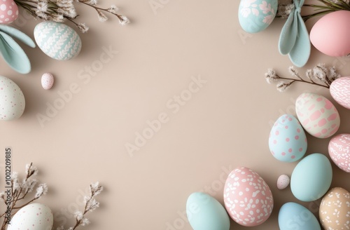 Decorative pastel eggs and bunny ears arranged on a light surface for a sprin...