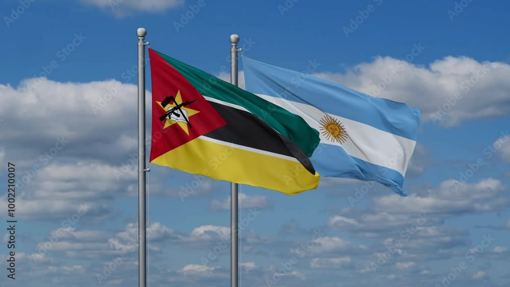 Argentina and Mozambique flags flying together, video concept of the relationship, two country relations concept Argentina and Mozambique flags flying together, video concept of the relationship, two country relations concept
