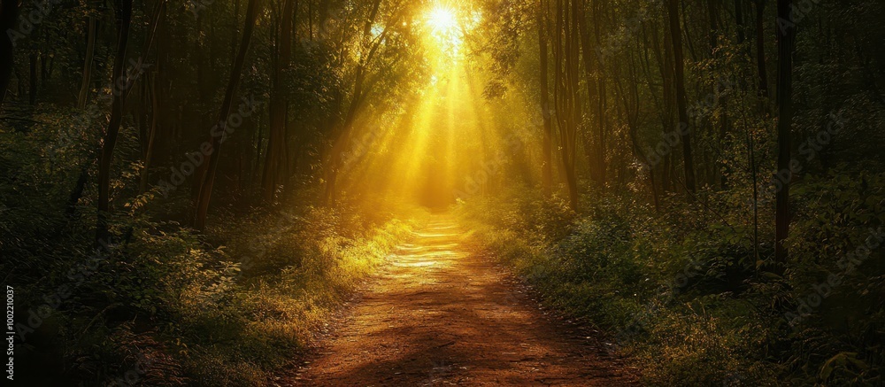 Obraz premium Sunlight Filtering Through Dense Forest Trees Illuminating a Serene Pathway in the Woods