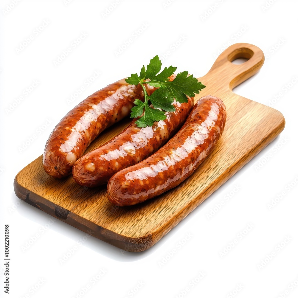 Sausage on a wooden tray, isolated on a white background, rustic and hearty. Sausage on a wooden tray, isolated on a white background, rustic and hearty.