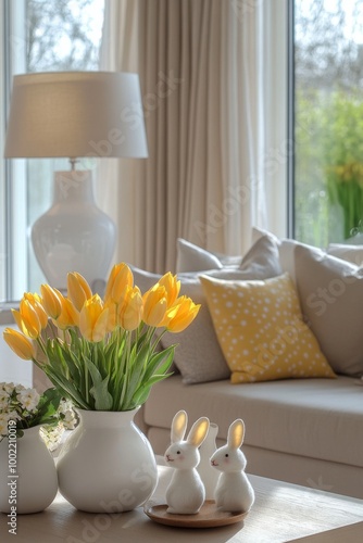 Spring home decor with yellow tulips and decorative bunnies in a cozy living ...