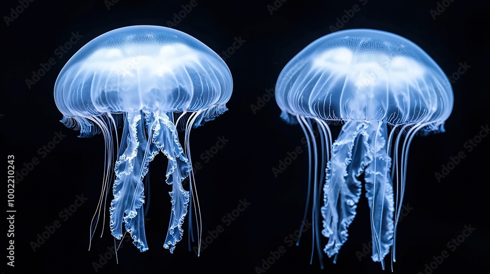 Two jellyfish in focus against a dark backdrop Two jellyfish in focus against a dark backdrop