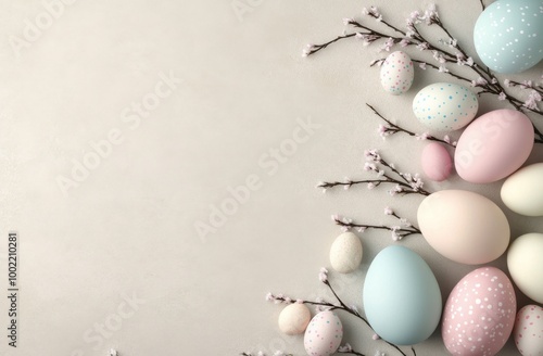 Decorative pastel eggs and bunny ears arranged on a light surface for a sprin...