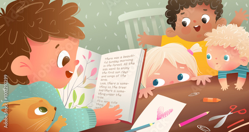 Multiracial group of children reading a book in the room at the table. Kids learning studying and reading a fairytale book together in library. Vector design illustration for school or kindergarten.