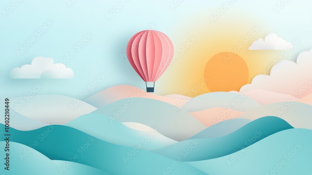 Obraz premium Colorful Hot Air Balloon Floating Over Abstract Pastel Landscape with Sunrise and Clouds