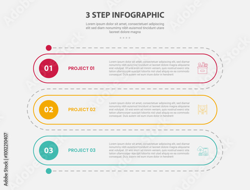 3 points template infographic outline style with 3 point stage or step template with round rectangle vertical roadway for slide presentation