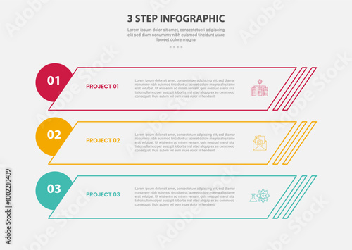 3 points template infographic outline style with 3 point stage or step template with skew rectangle and circle badge at edge for slide presentation