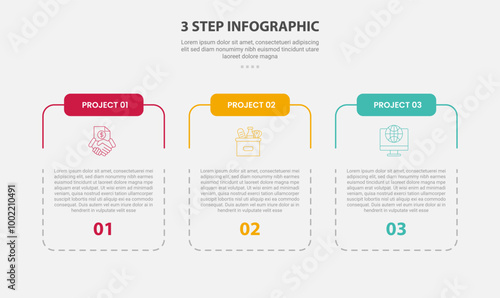 3 points template infographic outline style with 3 point stage or step template with slice table box container with dotted line for slide presentation