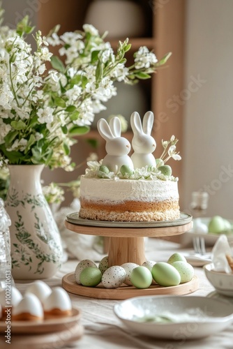 Spring celebration brunch with cake, flowers, and decorative eggs on a beauti...