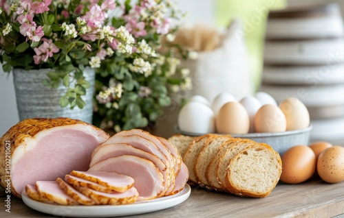Breakfast spread featuring sliced meat, fresh bread, and eggs at a cozy kitch...