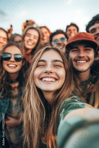 A diverse group of young friends smiling and taking a selfie, reflecting joy and togetherness on a sunny day.