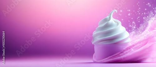 Delicious soft serve ice cream with a creamy swirl on a vibrant pink background, perfect for sweet treat designs.