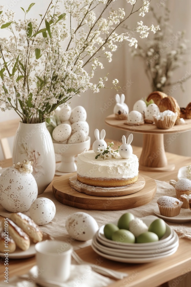 Spring celebration brunch with cake, flowers, and decorative eggs on a beautifully set table Spring celebration brunch with cake, flowers, and decorative eggs on a beautifully set table
