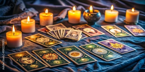 A warm tarot reading setup with detailed cards, candles, and crystals on a rustic table creates a cozy and spiritual setting perfect for divination and intuitive insights photo