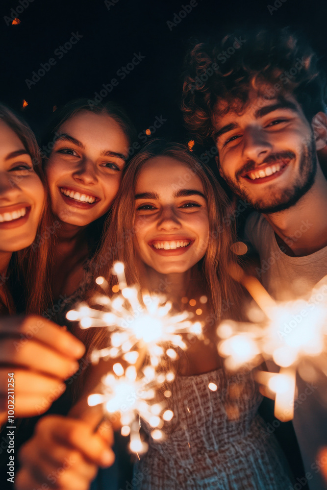Obraz premium Four young friends, two men and two women, smile joyfully while holding sparklers at night, celebrating a festive occasion with bright, warm lights.