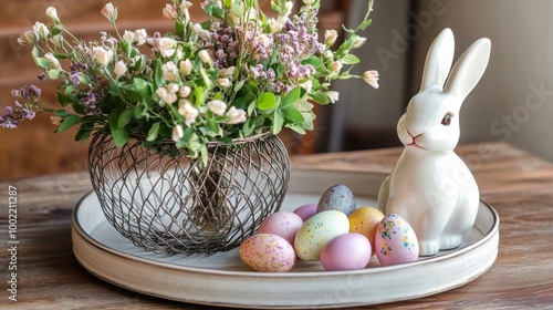Easter decorations featuring a ceramic bunny with colorful eggs and a flower ...