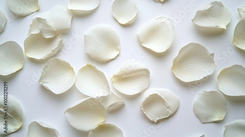  A macro shot of single white flower surrounded by petals against white background