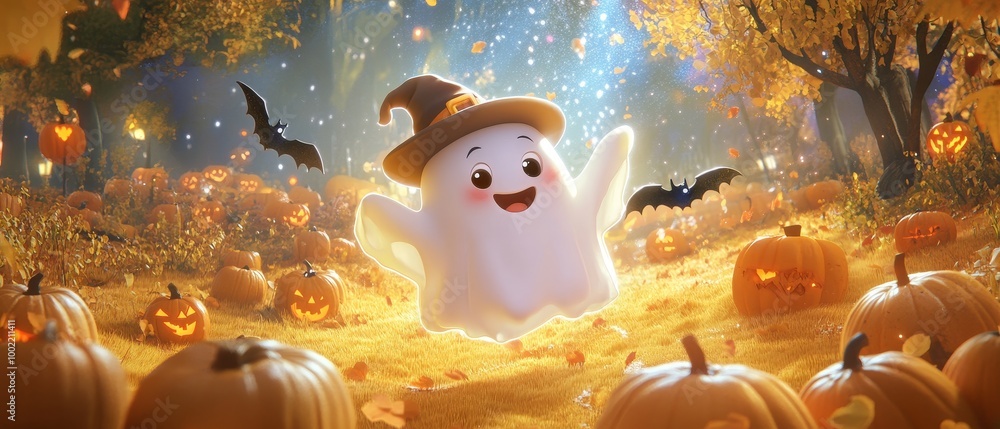 Obraz premium Create a cute Halloween animation featuring a playful ghost wearing a tiny hat, floating through a pumpkin-filled yard, playfully dodging friendly bats, and making silly faces under a bright